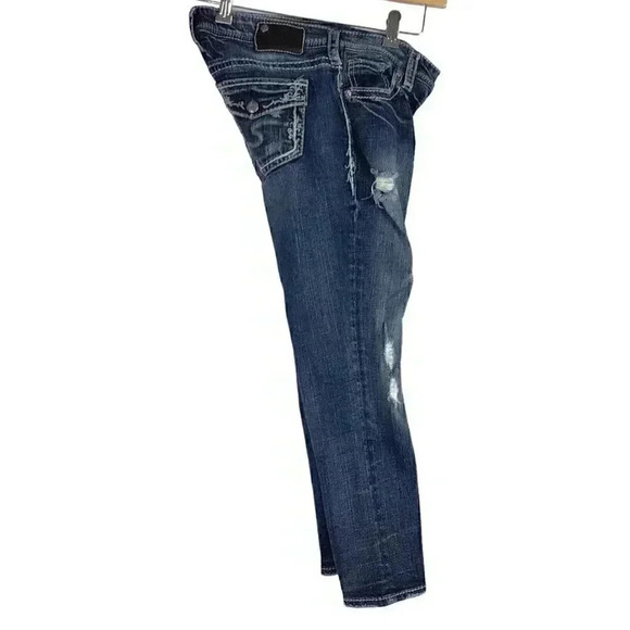 Silver Aiko Women 27 Mid Capri Jeans Blue Cotton Stretch Whiskered Embroidered - Picture 5 of 8